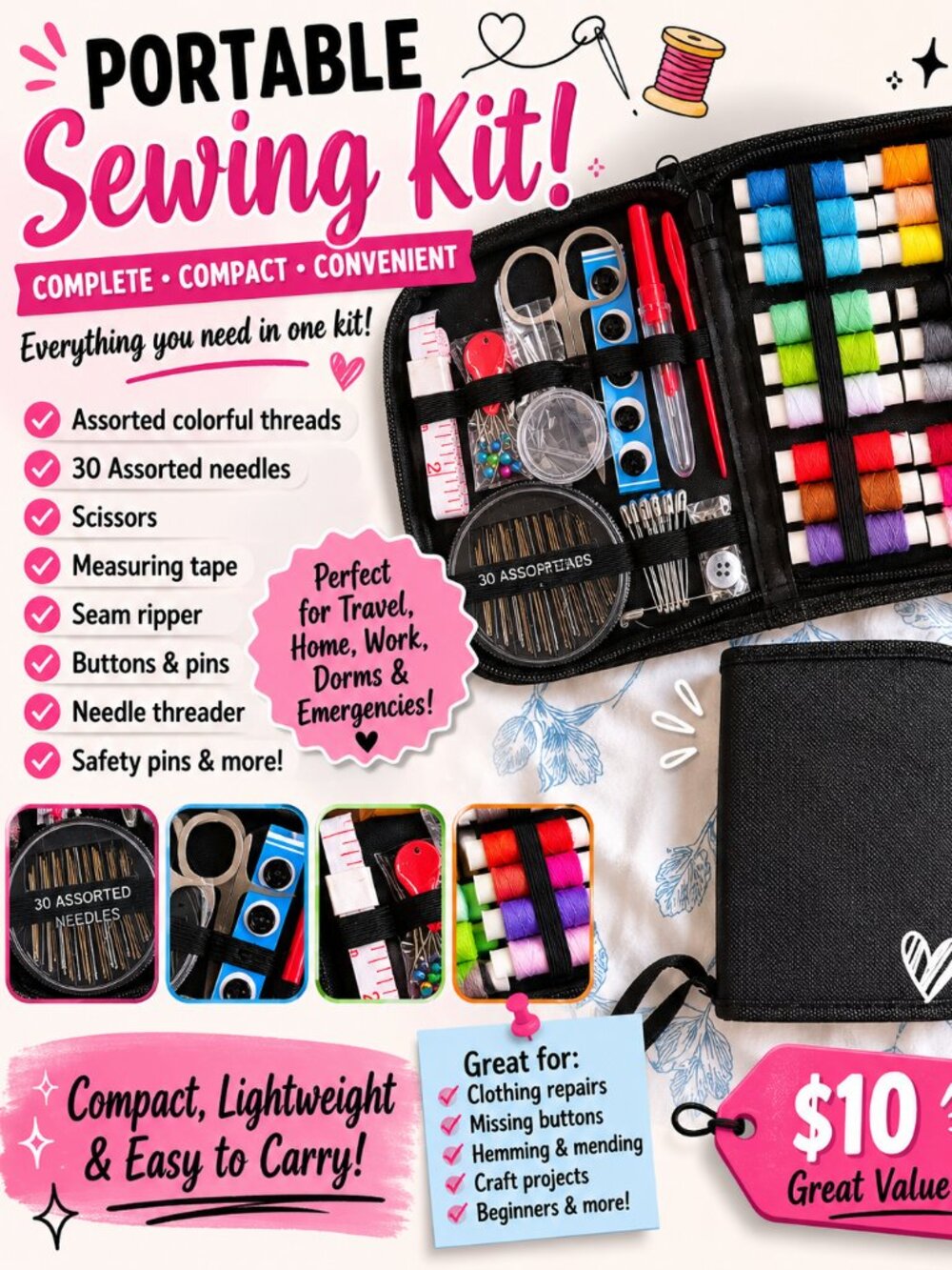 Portable Sewing Kit Travel Sewing Repair Kit Complete Thread Needle Set